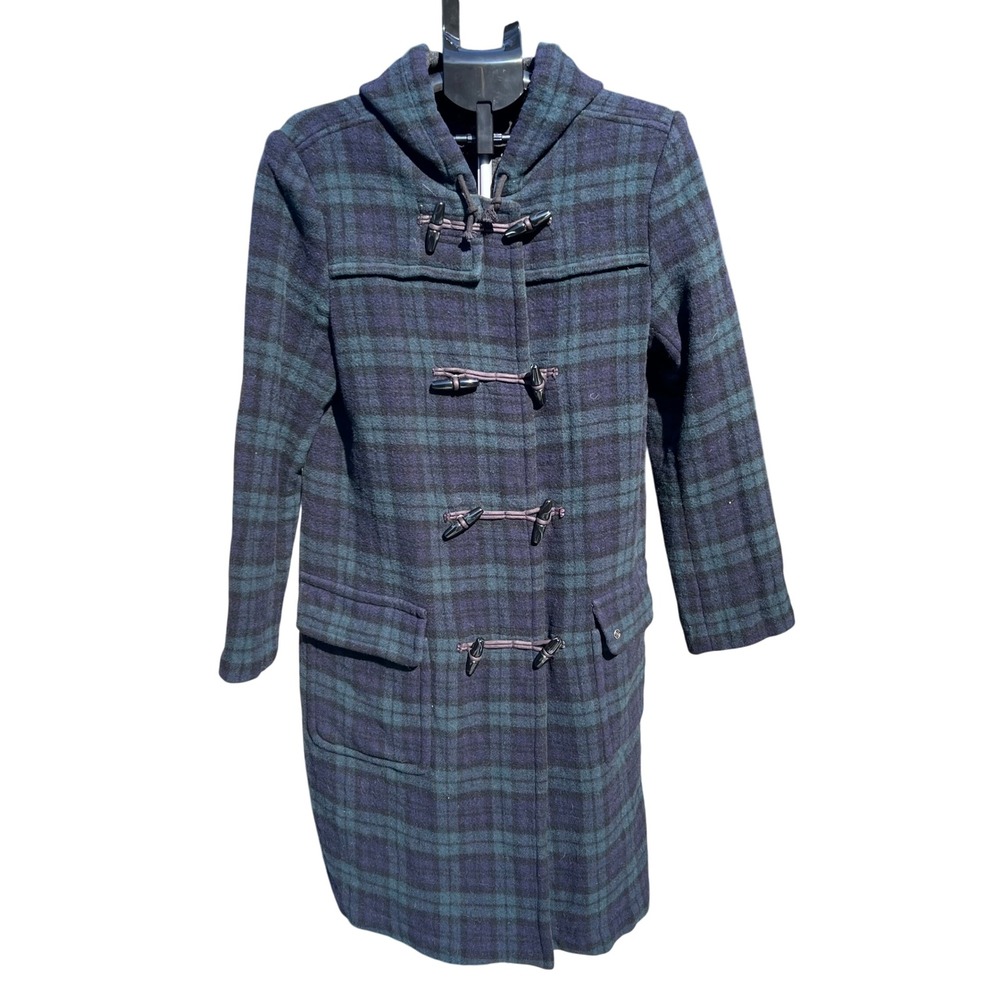 Nautica Womens Wool Blend Trench LG Plaid Hooded Duffle Toggle Front Coat